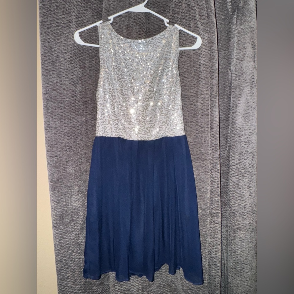 B Darlin Light Gray Sequin and Navy Blue Dress